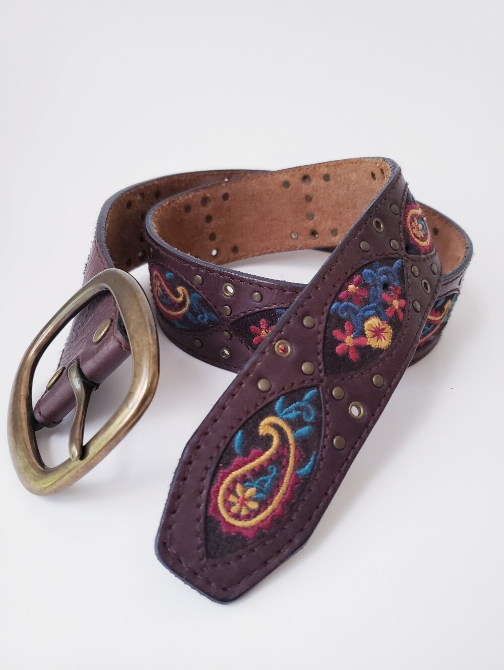 Vintage Lucky Brand Brown Leather Embroidered Belt